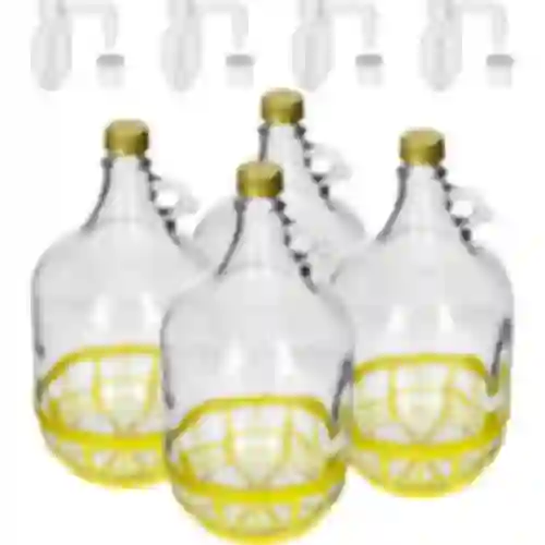 Glasballon 5L mit Schraubverschluss, Plastikkorb, Stöpsel, horizontalem Röhrchen – Set von 4 Stück