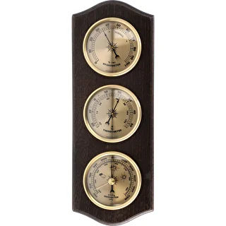 Retro-Wetterstation – Nussbaumoptik mit goldenen Zifferblättern