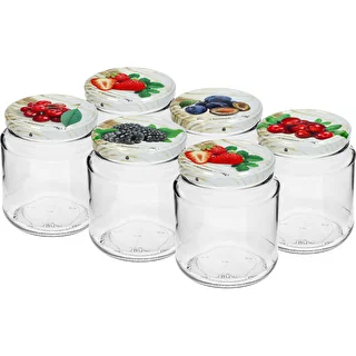 Twist-Off-Glas, bauchig, 580 ml mit farbigen Deckeln Ø 82/6, 6 Stück
