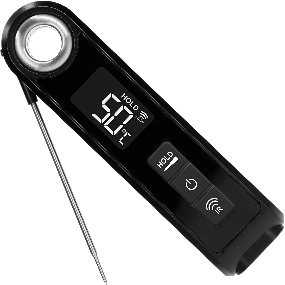 Kompaktes Infrarot-Küchenthermometer mit klappbarer Einstechsonde