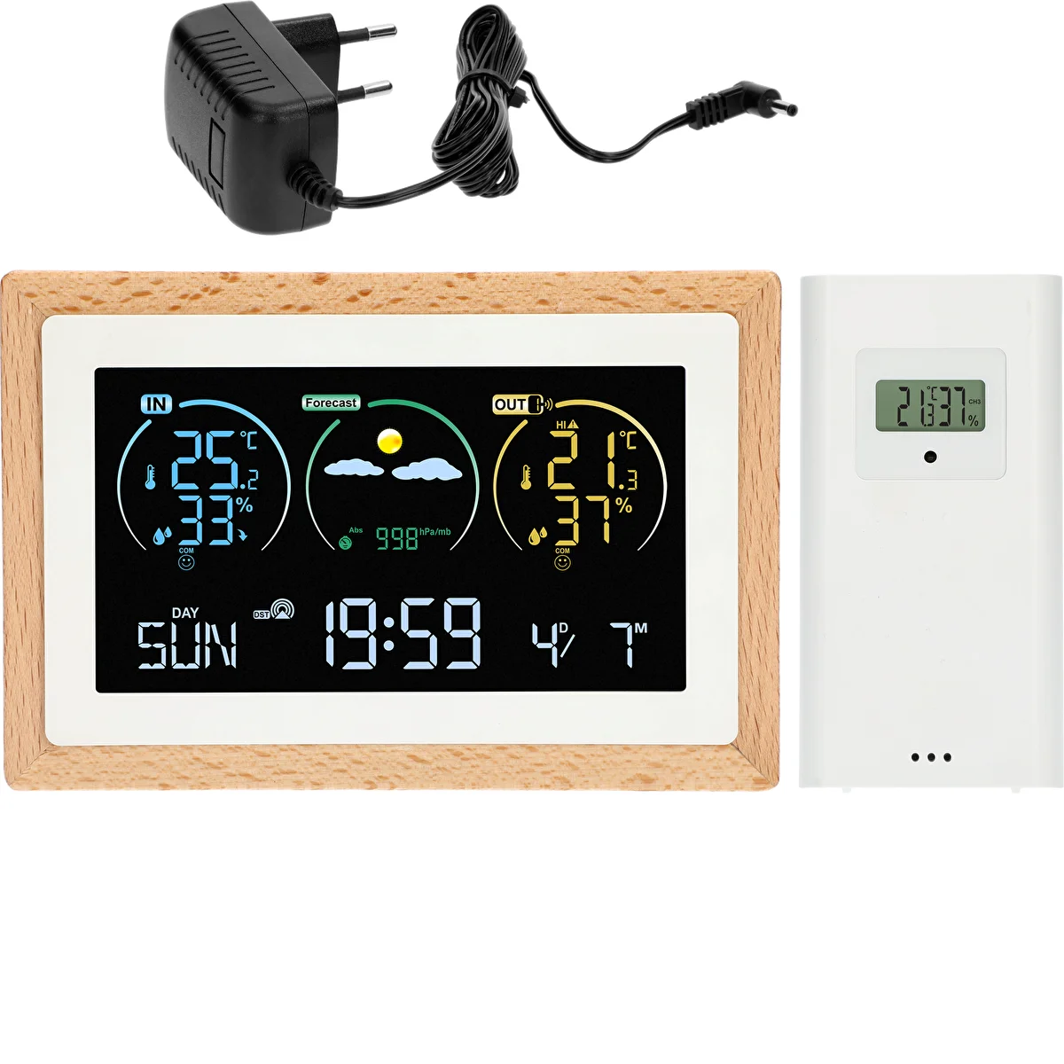 Wetterstation (RCC, DCF) – elektronisch, kabellos, mit Hintergrundbeleuchtung, Sensor, weiß
