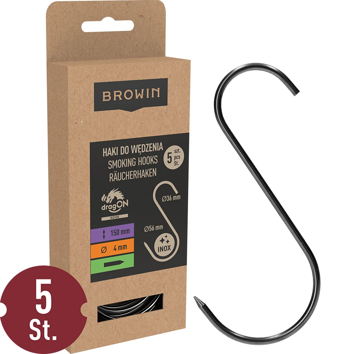 Räucherhaken – S-förmig, geschärft, 4 mm x 150 mm, 5 Stück