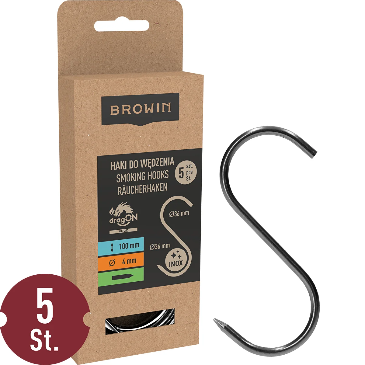 Räucherhaken – S-Form, geschärft, 4 mm x 100 mm, 5 Stück