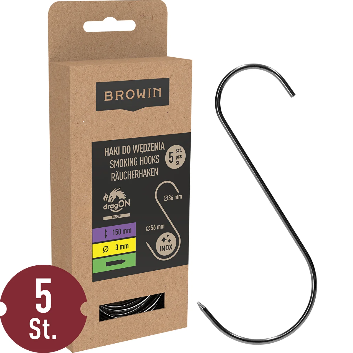 Räucherhaken – S-Form, geschärft, 3 mm x 150 mm, 5 Stück