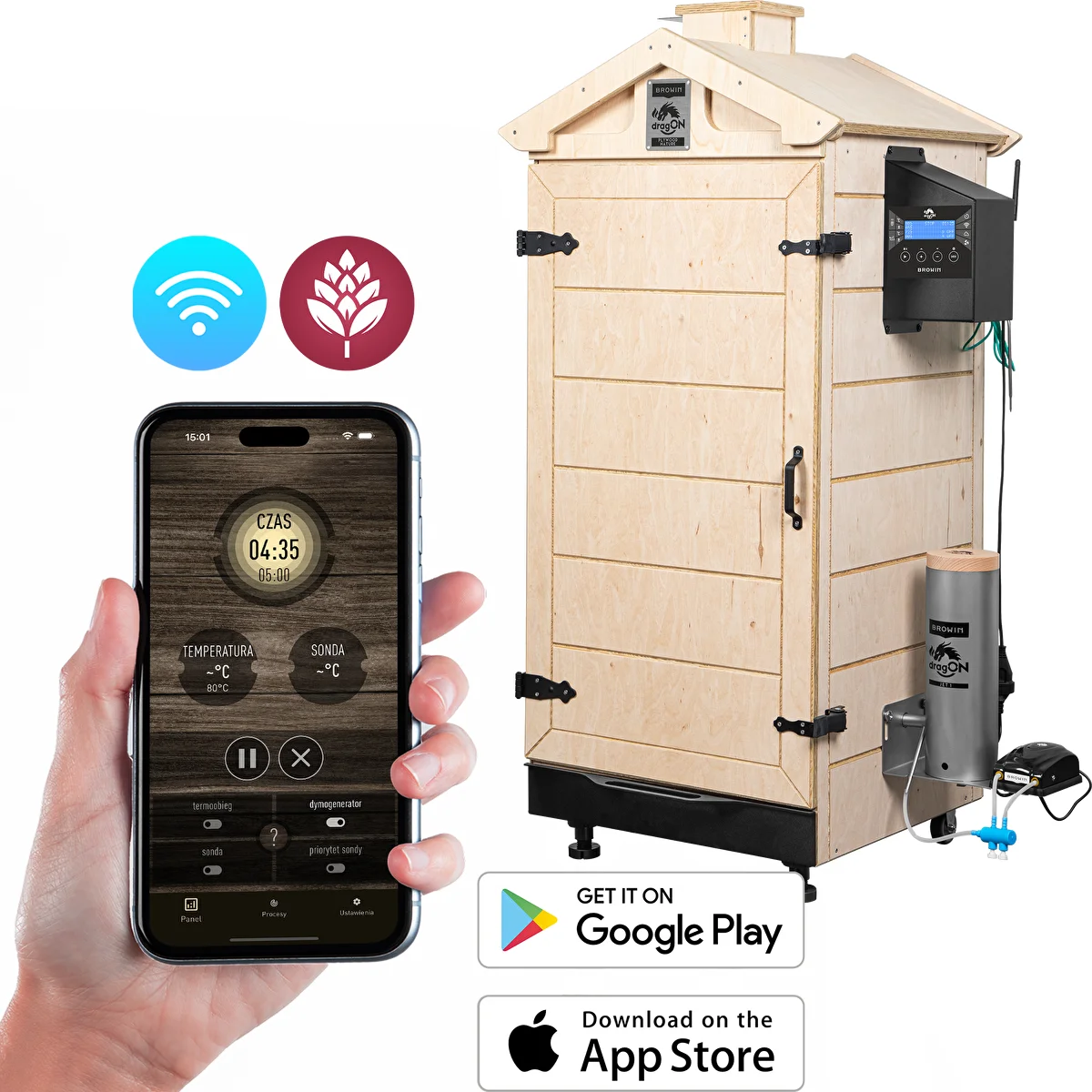 Rahmenloser Räucherschrank dragON PLYWOOD NATURE mit Wi‑Fi-Steuerung, 200 L