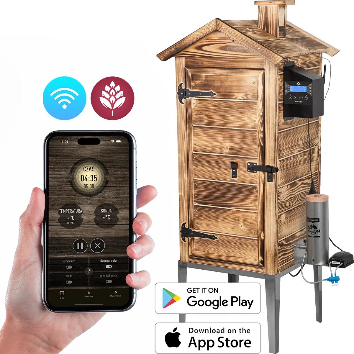 Räucherschrank mit Wi‑Fi, 200 L – dragON WOOD 100IQ mit elektrischem Heizmodul und Steuerung, holzbefeuert