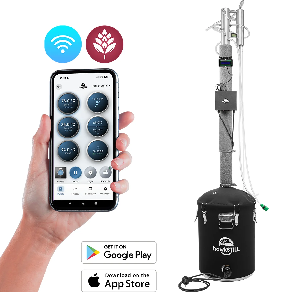 Destillationsset hawkSTILL „Kaltfinger” 60 l + Wi‑Fi IQ System mit LCD‑Display