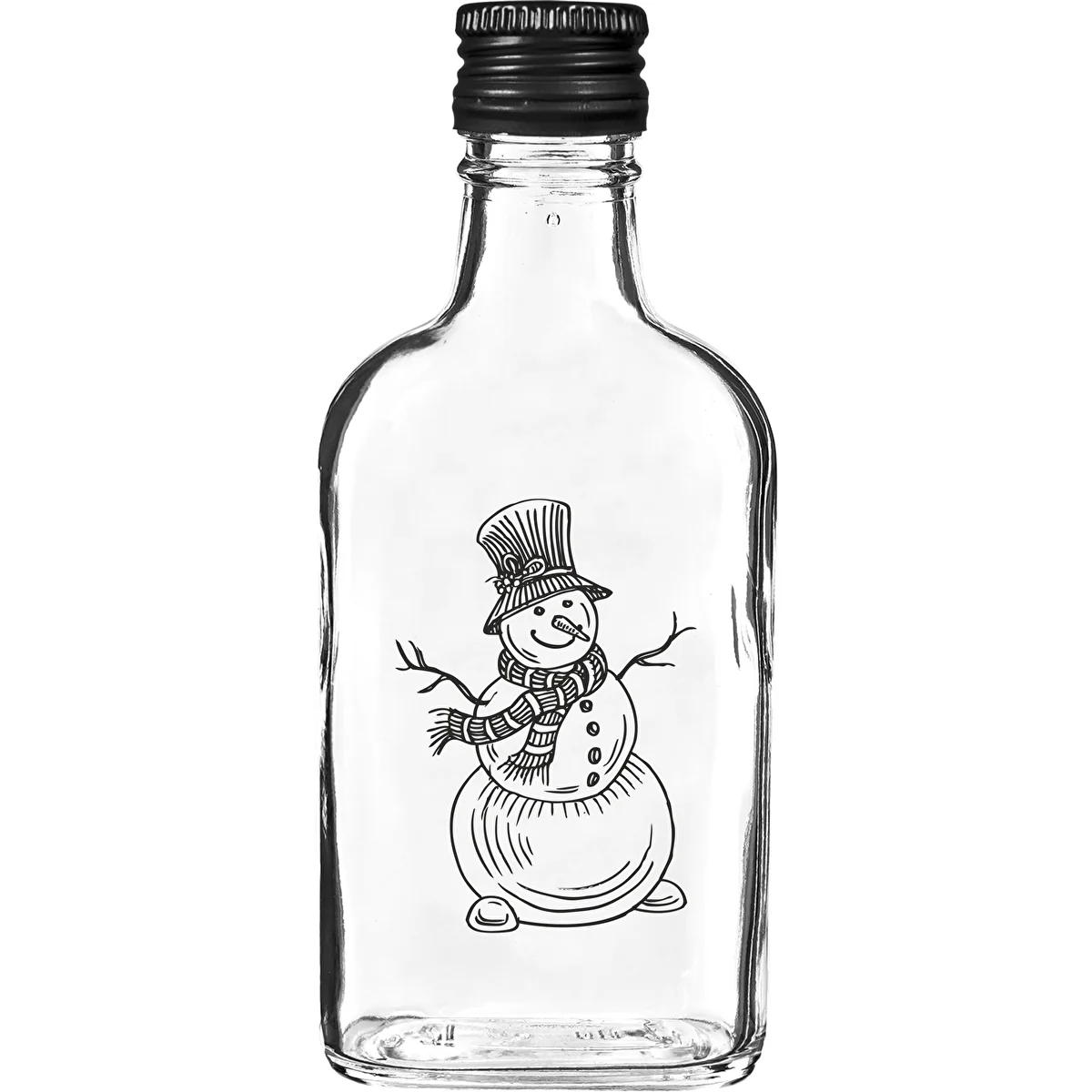 Flachmann-Flasche 200 ml mit Schraubverschluss, Motiv „Schneemann“, 1 Stück