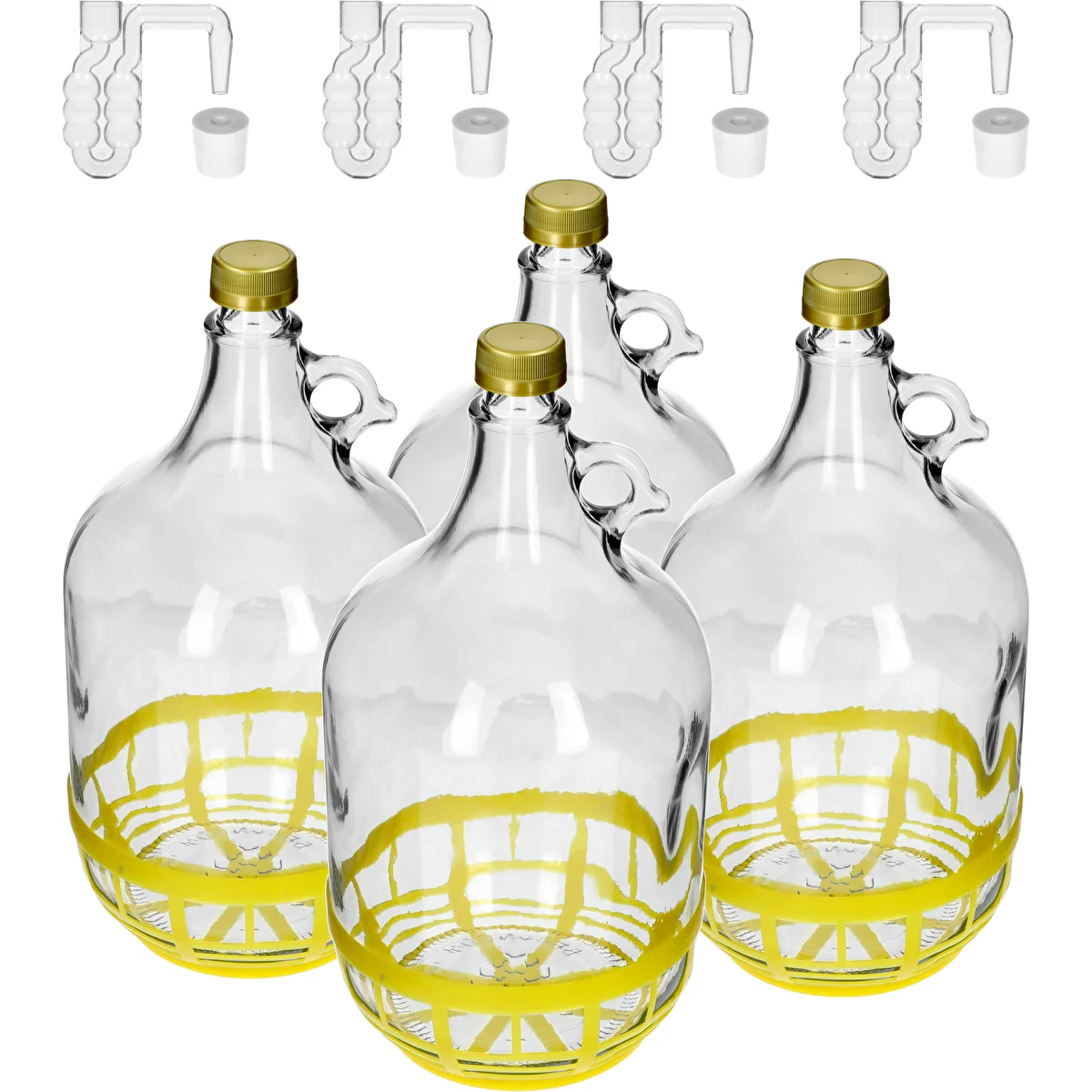 4 x Dama 5 L mit Stopfen, Gärrohr, Schraubverschluss und Korb