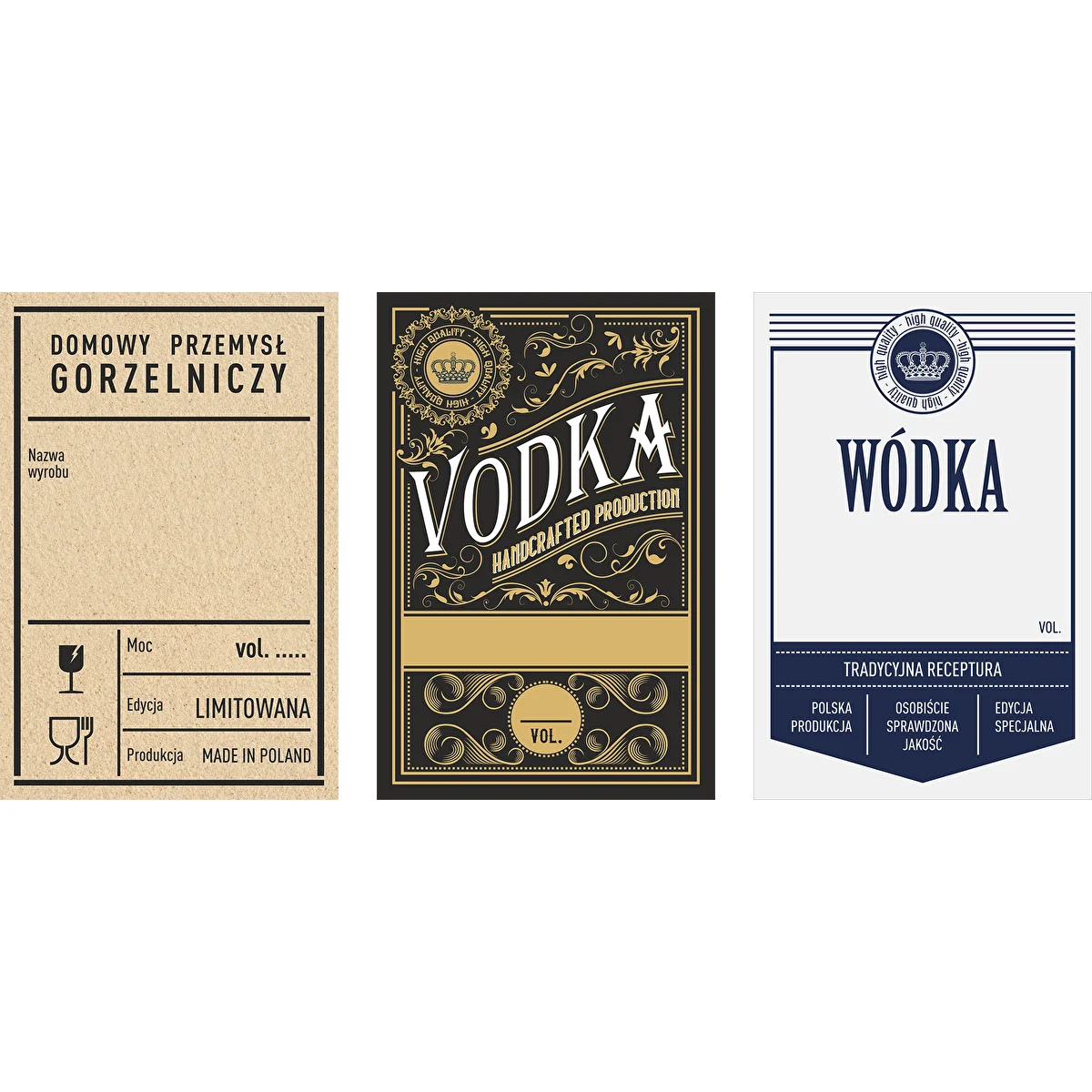 Selbstklebende Etiketten 60 x 90 mm für Flaschen und Wodka, 3 Motive, 20 Stück