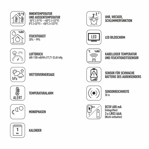 Elektronische Wetterstation - drahtlos, mit Sensor, schwarz - 11 ['drahtlose Wetterstation', ' Messung von Außen- und Innentemperatur', ' Feuchtigkeitsmessung', ' Wetterstation mit Kalender', ' Wetterstation mit Wecker', ' präzise Wetterstation', ' Wetterstation', ' elektronische Wetterstation', ' Universal-Wetterstation', ' perfektes Wettermessgerät', ' Temperaturkontrolle', ' Wetterfrosch', ' Feuchtigkeitssensor', ' Hygrometer', ' Barometer', ' Luftdruckmessung', ' Wetterfrosch', ' Mondphasen', ' Geschenkidee', ' Trends', ' Wetterstation mit Farbmonitor.']