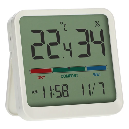 Elektronisches Raumthermometer, weiß  - 1 ['elektronisches thermometer', ' thermometer mit uhr und datum', ' thermometer mit feuchtigkeitsmesser', ' raumfeuchtemessung', ' komfortmessgerät', ' thermometer mit komfortanzeige', ' multifunktionales thermometer', ' innenthermometer', ' innenthermometer', ' kabelloses thermometer', ' elektronisches wandthermometer']