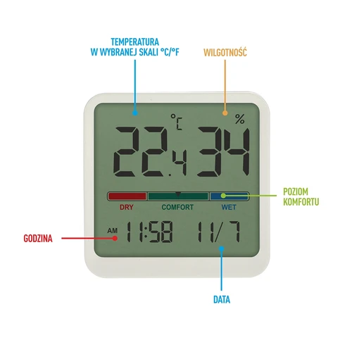 Elektronisches Raumthermometer, weiß - 7 ['elektronisches thermometer', ' thermometer mit uhr und datum', ' thermometer mit feuchtigkeitsmesser', ' raumfeuchtemessung', ' komfortmessgerät', ' thermometer mit komfortanzeige', ' multifunktionales thermometer', ' innenthermometer', ' innenthermometer', ' kabelloses thermometer', ' elektronisches wandthermometer']