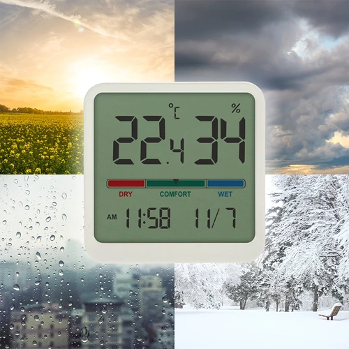 Elektronisches Raumthermometer, weiß - 11 ['elektronisches thermometer', ' thermometer mit uhr und datum', ' thermometer mit feuchtigkeitsmesser', ' raumfeuchtemessung', ' komfortmessgerät', ' thermometer mit komfortanzeige', ' multifunktionales thermometer', ' innenthermometer', ' innenthermometer', ' kabelloses thermometer', ' elektronisches wandthermometer']