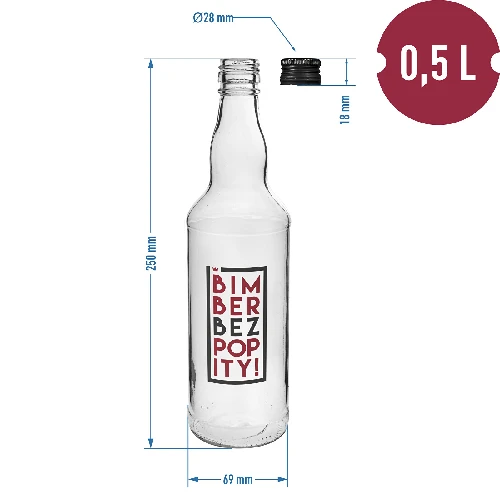 Flasche 0,5 L mit Schraubverschluss und 2-farbigem Aufdruck "Bimber Bez Popity" - 4 St. - 8 ['Flasche', ' Flaschen', ' Flaschen mit Aufdruck', ' Likörflasche', ' Flasche für Selbstgebrannten Schnaps', ' Alkoholflasche', ' Flasche mit Aufdruck', ' Glasflasche mit Aufdruck und Schraubverschluss', ' Flaschen 500 ml mit Korken', ' Flaschen mit Korken Set', ' für Hochzeitsfeier', ' Flasche für hausgemachten Alkohol', ' Geschenkflasche', ' Flachmann-Flasche', ' Flasche Selbstgebrannter Schnaps ohne Nachspülen']