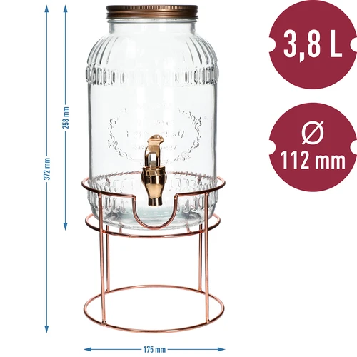 Glas mit Zapfhahn 3,8 L auf Ständer - 6 ['Glas mit Zapfhahn', ' Limonadenglas', ' Punschglas', ' Getränkeglas', ' Getränkespender', ' für Partys', ' zum Servieren von Getränken', ' Glasgefäß mit Zapfhahn', ' Glas auf Ständer', ' Glas mit Zapfhahn']