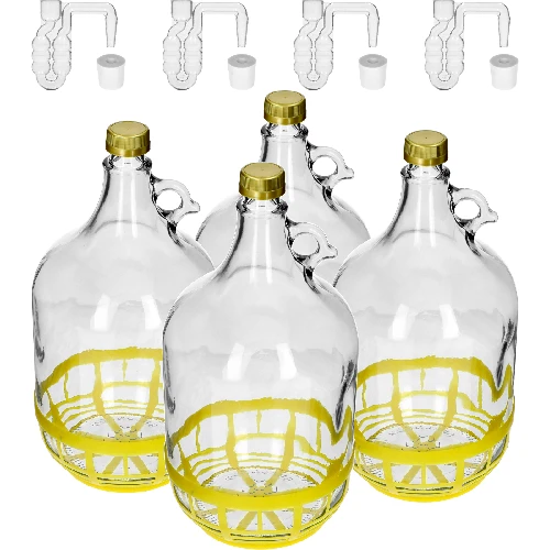 Glasballon 5L mit Schraubverschluss, Plastikkorb, Stöpsel, horizontalem Röhrchen – Set von 4 Stück  - 1 ['Glasballon', ' Glasballon für Wein', ' Glasballon im Korb', ' Glasballon 5 L', ' Ballon 5 L', ' Ballon', ' Ballon im Korb', ' Flasche Glasballon 5 L im Korb', ' Ballon für Wein', ' Glasballon für Selbstgebrannten']