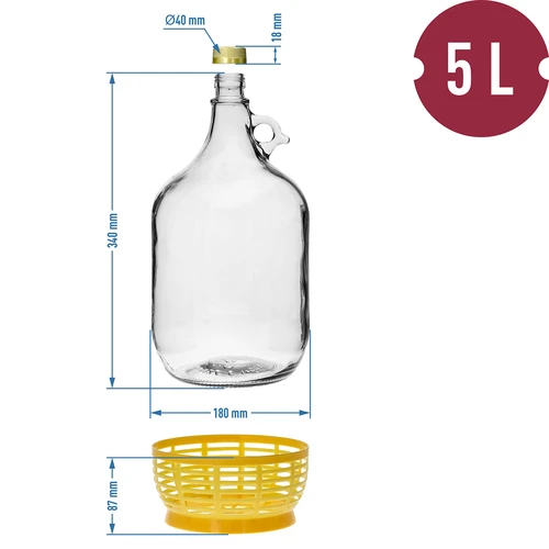 Glasballon 5L mit Stöpsel und Gärröhrchen - 9 ['Set für Wein Bier Met Cidre', ' Glasballon 5 Liter', ' Glasballon', ' Glasballon für Wein', ' Glasballon im Korb', ' Ballon 5 L', ' Ballon im Korb', ' Flasche 5 L im Korb', ' Ballon', ' Set mit Gärröhrchen', ' hausgemachte edle Tropfen', ' horizontales Gärröhrchen', ' Glasballon für selbstgebrannten Schnaps']