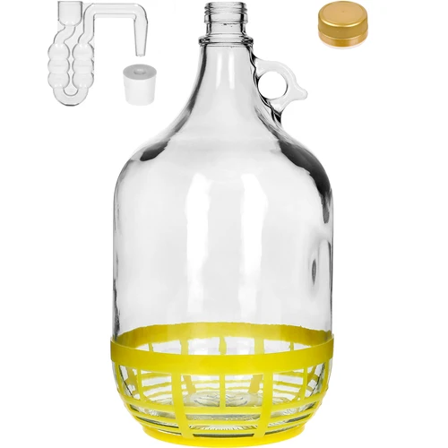 Glasballon 5L mit Stöpsel und Gärröhrchen  - 1 ['Set für Wein Bier Met Cidre', ' Glasballon 5 Liter', ' Glasballon', ' Glasballon für Wein', ' Glasballon im Korb', ' Ballon 5 L', ' Ballon im Korb', ' Flasche 5 L im Korb', ' Ballon', ' Set mit Gärröhrchen', ' hausgemachte edle Tropfen', ' horizontales Gärröhrchen', ' Glasballon für selbstgebrannten Schnaps']