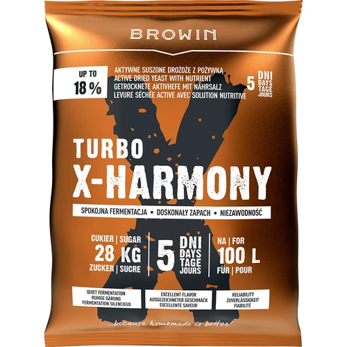 Hefe Turbo X-Harmony 18%, 100 L, 360 g  - 1 ['Brennhefe', ' Hefe für Alkohol', ' Turbohefe', ' Harmony-Hefe', ' 18%-Hefe', ' Hefe für selbstgebrannten Schnaps', ' Hefe für Selbstgebrannten', ' Brennhefe für 100 Liter', ' Ansatz 100 L', ' saubere Gärung', ' Zuckergärung', ' für Zuckeransätze', ' ruhige Gärung', ' angenehmer Geruch während der Gärung', ' stabile Gärung', ' einfaches Klären', ' Destillation', ' X-Hefe', ' Browin-Hefe', ' 18%-Hefe', ' Alkoholhefe', ' empfohlene Hefe', ' hochwertige Hefe', ' Trockenhefe mit Nährstoffzusatz', ' einfaches Klären des Ansatzes.']