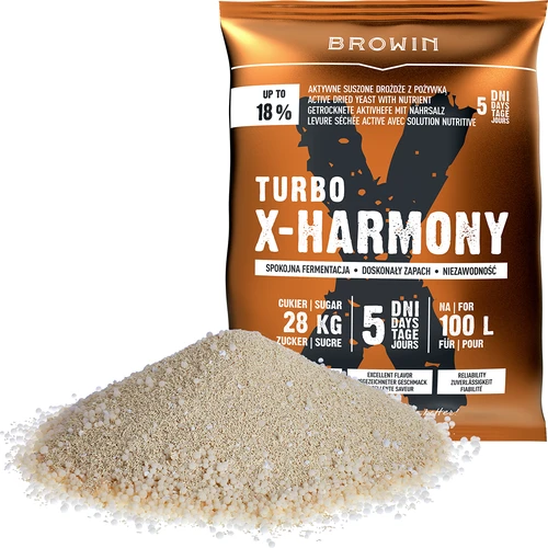 Hefe Turbo X-Harmony 18%, 100 L, 360 g - 3 ['Brennhefe', ' Hefe für Alkohol', ' Turbohefe', ' Harmony-Hefe', ' 18%-Hefe', ' Hefe für selbstgebrannten Schnaps', ' Hefe für Selbstgebrannten', ' Brennhefe für 100 Liter', ' Ansatz 100 L', ' saubere Gärung', ' Zuckergärung', ' für Zuckeransätze', ' ruhige Gärung', ' angenehmer Geruch während der Gärung', ' stabile Gärung', ' einfaches Klären', ' Destillation', ' X-Hefe', ' Browin-Hefe', ' 18%-Hefe', ' Alkoholhefe', ' empfohlene Hefe', ' hochwertige Hefe', ' Trockenhefe mit Nährstoffzusatz', ' einfaches Klären des Ansatzes.']