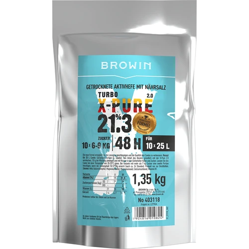 Hefe Turbo X-Pure 21,3 %, 10 x 25 L, 1,35 kg  - 1 ['Brennhefe', ' Hefe für Alkohol', ' Turbohefe', ' Hefe pure', ' Hefe 21', '3 %', ' Hefe für Selbstgebrannten', ' für Selbstgebrannten', ' Brennhefe für 10 x 25 L', ' Cuvée 48 h', ' saubere Gärung', ' für hochprozentige Cuvées', ' für Zucker-Cuvées', ' hohe Alkoholkonzentration', ' Destillation', ' über 21 %', ' schnelle Gärung', ' Hefe Browin', ' Hefe 21 %', ' Hefe alco', ' starke Hefe', ' Hefe große Packung']