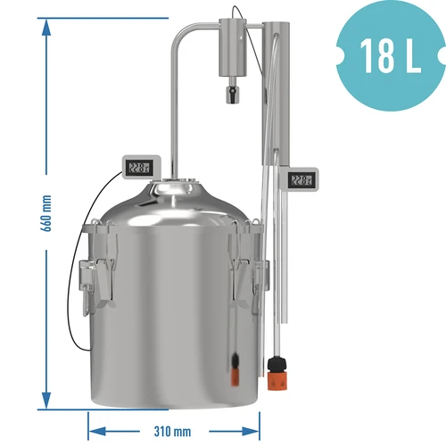 Klassischer Destillator Convex 18 L - 1 Absatzbecken - 8 ['Browin-Destillator', ' modulare Destillatoren', ' Destillator mit Absatzbecken', ' modularer Destillator', ' Absatzbecken für Destillator', ' reines Destillat', ' Destillier-Set', ' gewölbter Deckel', ' Deckel vom Typ convex', ' Destillationsbehälter mit Deckel', ' ausbaubares Destillier-Set', ' Destillation auf verschiedenen Wärmequellen']