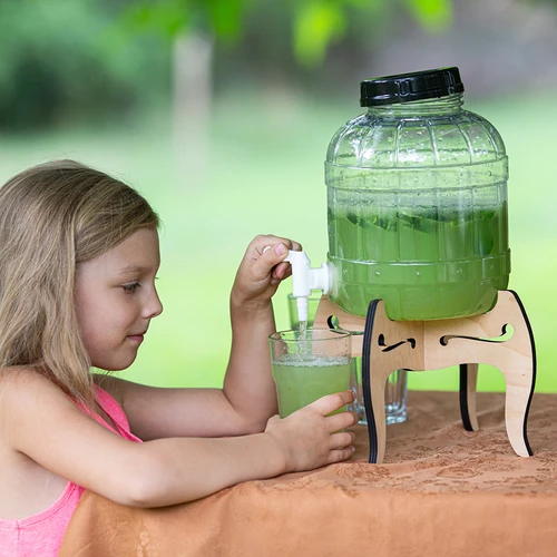 Mehrzweck-Behälter 5 L mit Hahn und doppelseitigem Holzständer - 15 ['nichtsplitterndes Glas', ' Plastikglas', ' Limonadenglas', ' Punschglas', ' Glas auf Ständer', ' Glas mit Hahn', ' Limonade', ' Punsch', ' Sangria', ' Getränkeglas', ' Likörglas', ' für Weihnachtskompott', ' Glas für Alkohol']