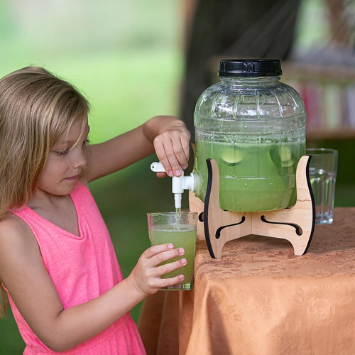 Mehrzweck-Behälter 5 L mit Hahn und doppelseitigem Holzständer - 16 ['nichtsplitterndes Glas', ' Plastikglas', ' Limonadenglas', ' Punschglas', ' Glas auf Ständer', ' Glas mit Hahn', ' Limonade', ' Punsch', ' Sangria', ' Getränkeglas', ' Likörglas', ' für Weihnachtskompott', ' Glas für Alkohol']