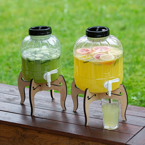 Mehrzweck-Behälter 5 L mit Hahn und doppelseitigem Holzständer - 18 ['nichtsplitterndes Glas', ' Plastikglas', ' Limonadenglas', ' Punschglas', ' Glas auf Ständer', ' Glas mit Hahn', ' Limonade', ' Punsch', ' Sangria', ' Getränkeglas', ' Likörglas', ' für Weihnachtskompott', ' Glas für Alkohol']