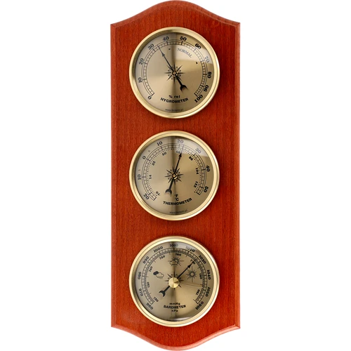 Retro-Wetterstation - mahagonifarben mit goldenen Ziffernblättern  - 1 ['Retro-Wetterstation', ' Messung von Temperatur', ' Druck', ' Luftfeuchtigkeit', ' Komfort zu Hause', ' stilvolle Wetterstation', ' Drei-in-Eins-Multifunktionswetterstation', ' elegante Wetterstation', ' welche Wetterstation wählen', ' traditionelle Wetterstation', ' Wetterstation mit Holzgehäuse', ' Wetterstation mahagonifarben Holz', ' Thermometer als Geschenk', ' Druckmesser', ' Luftfeuchtigkeitsmesser', ' Hygrometer', ' genaues Thermometer', ' Hygrometer mit Thermometer', ' Wand-Wetterstation', ' womit die Raumtemperatur messen', ' Retro-Thermometer', ' Wetterstation aus Holz', ' Wetterstation mit goldenen Zifferblättern']