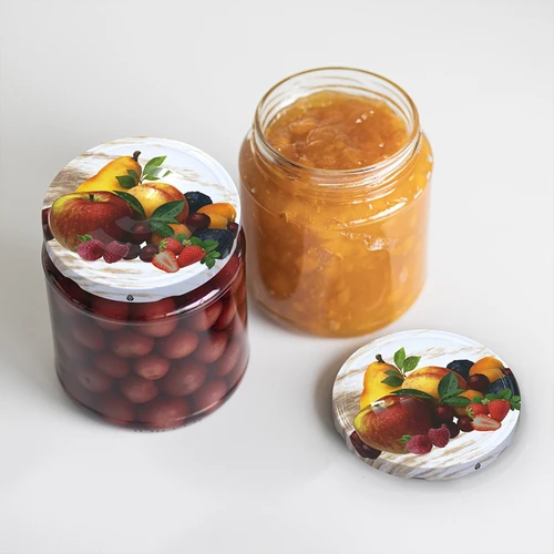 Schraubverschluss fi 82/6 Obst auf weißem Hintergrund - 10 St. - 5 ['Schraubverschlüsse für Gläser', ' Deckel für Gläser', ' Schraubverschlüsse mit Obstmotiv', ' dekorative Schraubverschlüsse für Gläser', ' Schraubverschlüsse 6 Nocken', ' Schraubverschlüsse mit Click', ' Schraubverschlüsse für Marmelade', ' Schraubverschlüsse für Konfitüre', ' Schraubverschlüsse für Kompotte']