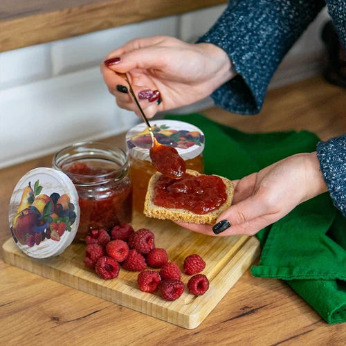 Schraubverschluss fi 82/6 Obst auf weißem Hintergrund - 10 St. - 6 ['Schraubverschlüsse für Gläser', ' Deckel für Gläser', ' Schraubverschlüsse mit Obstmotiv', ' dekorative Schraubverschlüsse für Gläser', ' Schraubverschlüsse 6 Nocken', ' Schraubverschlüsse mit Click', ' Schraubverschlüsse für Marmelade', ' Schraubverschlüsse für Konfitüre', ' Schraubverschlüsse für Kompotte']