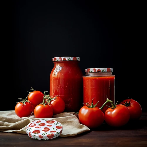 Schraubverschlüsse mit Tomatenmuster 82/6 10 St. - 5 ['weißer Schraubverschluss', ' buntes Tomatenmuster', ' Pasteurisierung', ' Kontrolle des Prozesses', ' Aufbewahrung', ' Größe fi Tomaten 82', ' Dekoration der Speisekammer', ' Schraubverschlüsse für die Pasteurisierung', ' Schraubverschlüsse Gemüse', ' Schraubverschlüsse Tomaten']