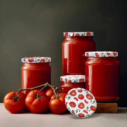 Schraubverschlüsse mit Tomatenmuster 82/6 10 St. - 6 ['weißer Schraubverschluss', ' buntes Tomatenmuster', ' Pasteurisierung', ' Kontrolle des Prozesses', ' Aufbewahrung', ' Größe fi Tomaten 82', ' Dekoration der Speisekammer', ' Schraubverschlüsse für die Pasteurisierung', ' Schraubverschlüsse Gemüse', ' Schraubverschlüsse Tomaten']