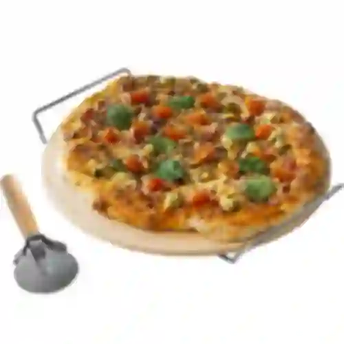 Pizzastein mit Griff und Messer, aus Cordierit, rund, 33 cm