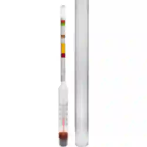 Vinometer (Saccharimeter) mit Thermometer im Plastikreagenzglas