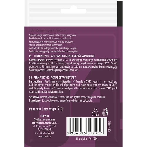 Trockenhefe FERMIVIN 7013 - 2 ['Fermivin-Hefe', ' aktive getrocknete Weinhefe', ' Weinhefe', ' Hefe für Wein', ' Weinhefe getrocknet', ' Trockenhefe', ' Trockenhefe für Wein', ' Hefe für Weißwein', ' Hefe für Roséwein', ' Hefe für Rotwein ']