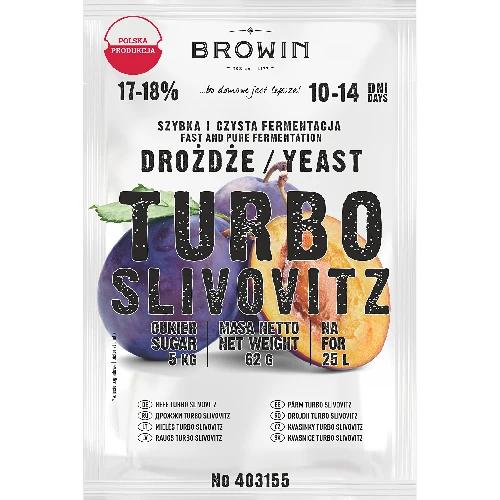 Turbo-Hefe Slivovitz  - 1 ['Turbo-Hefe', ' Hefe für Selbstgebrannten', ' Hefe für Slibowitz', ' Slibowitz', ' für Obst-Cuvées', ' Obst-Cuvée']