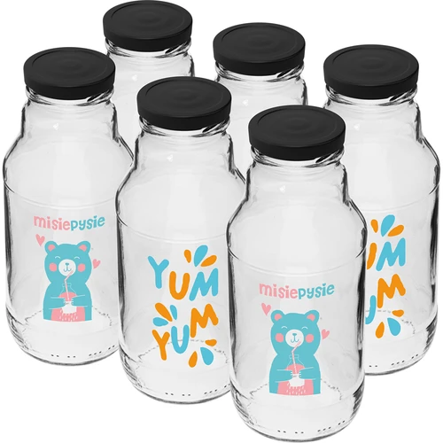 Twist off-Flasche 330 ml mit Schraubverschluss fi 43 und buntem Aufdruck - 6 St. - 2 ['Flasche für Kinder', ' Flasche mit Aufdruck', ' Saftflasche', ' Flasche für Tomatenpüree', ' Flasche für Sirup', ' Flasche 330 ml', ' Flasche mit Schraubverschluss', ' Flasche mit Klick', ' Flasche für Smoothies']