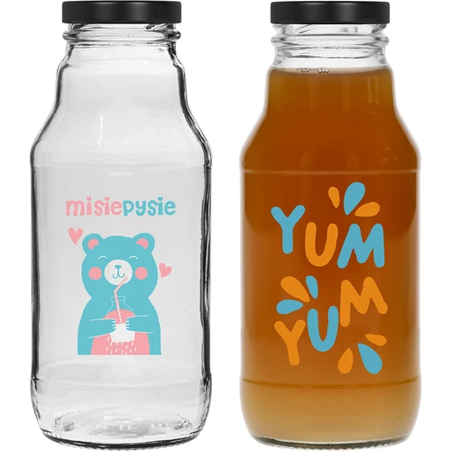 Twist off-Flasche 330 ml mit Schraubverschluss fi 43 und buntem Aufdruck - 6 St. - 5 ['Flasche für Kinder', ' Flasche mit Aufdruck', ' Saftflasche', ' Flasche für Tomatenpüree', ' Flasche für Sirup', ' Flasche 330 ml', ' Flasche mit Schraubverschluss', ' Flasche mit Klick', ' Flasche für Smoothies']