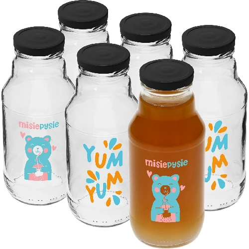 Twist off-Flasche 330 ml mit Schraubverschluss fi 43 und buntem Aufdruck - 6 St.  - 1 ['Flasche für Kinder', ' Flasche mit Aufdruck', ' Saftflasche', ' Flasche für Tomatenpüree', ' Flasche für Sirup', ' Flasche 330 ml', ' Flasche mit Schraubverschluss', ' Flasche mit Klick', ' Flasche für Smoothies']