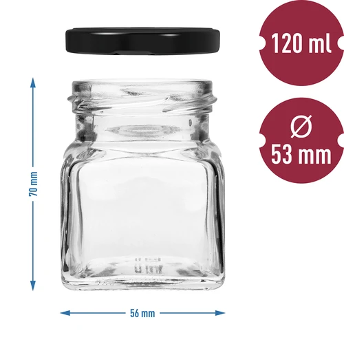 Twist-Off Glas 120 ml - viereckig Ø 53 mit schwarzem Schraubverschluss, 6 St. - 6 ['Einmachgläser', ' Gläser 120 ml', ' Gläser mit Twist-Off-Schraubverschlüssen', ' Gläser mit Click-Schraubverschlüssen', ' Gläserset', ' Gläser für Einmachprodukte', ' Gläser mit bunten Schraubverschlüssen', ' bunte Schraubverschlüsse', ' Marmeladegläser', ' Gewürzgläser', ' Glas', ' Glas mit Schraubverschluss']