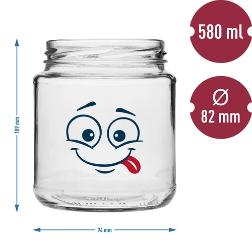 Twist-Off-Glas 580 ml mit Smiley-Aufdruck mit Schraubverschluss fi82/6 - 3 St. - 7 ['Gläser', ' Glas aus Glas', ' Gläser aus Glas', ' Glas mit Schraubverschluss', ' Glas mit Aufdruck', ' Glas für Mittagessen', ' Glas für Lebensmittel', ' Glas', ' Gläserset', ' Gläser fi 82', ' Gläser mit Schraubverschlüssen 6 Nocken', ' Gläser mit schwarzen Schraubverschlüssen', ' für Einmachprodukte']