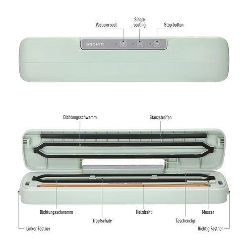 Vakuumiergerät - universell, pistaziengrün - 8 ['vakuumieren', ' Vakuumiergeräte', ' Lebensmittelaufbewahrung', ' geprägte Beutel', ' Beutelversiegelung', ' Vakuumverpackungsmaschine', ' Vakuumierer', ' Lebensmittelverpackung', ' Vakuumier-Set', ' Vakuumierfolien', ' für Fleisch', ' für Fisch', ' für Käse', ' wie man die Haltbarkeit von Lebensmitteln verlängert', ' Lebensmittelaufbewahrung zu Hause', ' als Geschenk', ' Küchengeräte', ' praktische Küchenaccessoires', ' effizientes Vakuumiergerät', ' Salbeigrün', ' Pistaziengrün']