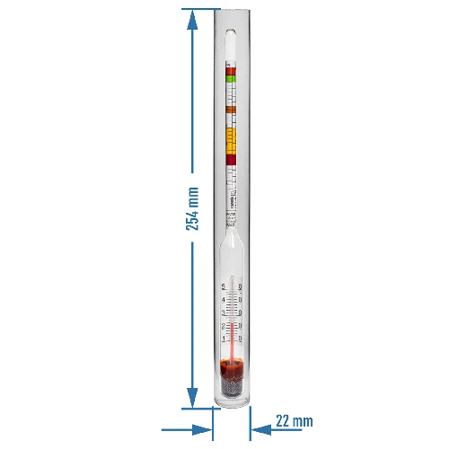 Vinometer (Saccharimeter) mit Thermometer im Plastikreagenzglas
