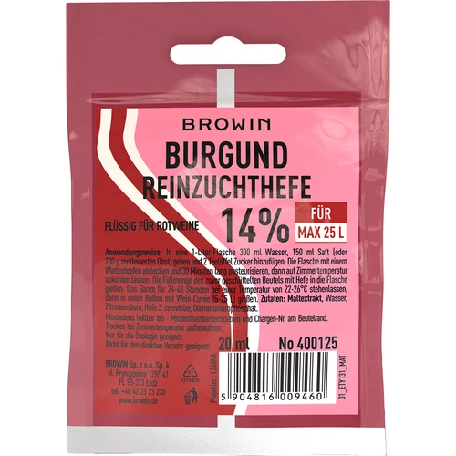 Weinhefe Burgund, 20 ml  - 1 ['Weinhefe', ' Burgundhefe', ' Hefe für Rotwein', ' Flüssighefe', ' flüssige Hefe', ' Browin-Hefe', ' Biowin-Hefe', ' Hefe für Wein', ' Weinbereitung', ' Weinzubehör', ' gewöhnliche Hefe für Wein']