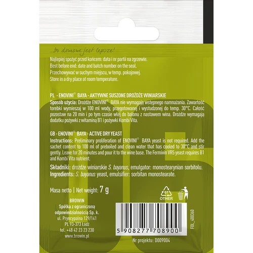 Weinhefe Enovini BAYA, 7 g - 2 ['Edelhefe', ' Weinhefe', ' getrocknete Weinhefe', ' Enovini Baya', ' Hefe für Weißweine', ' für Roseweine', ' Bayanus-Hefe', ' Hefe für den Neustart der Gärung', ' Hefe für die Gärung']