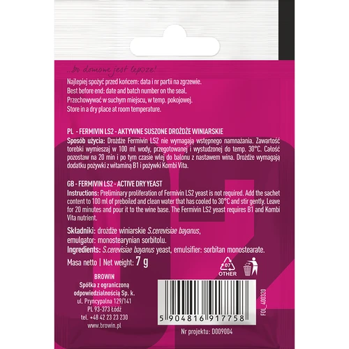 Weinhefe Fermivin LS2, 7 g - 2 ['Edelhefe', ' Weinhefe', ' getrocknete Weinhefe', ' Fermivin LS2', ' Hefe für Rotwein', ' für Roseweine', ' für Schaumweine', ' Hefe für den Neustart von Wein', ' Hefe für den Neustart der Gärung', ' Hefe für die Gärung']